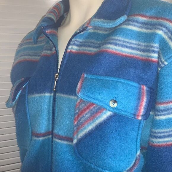 Vintage 80’s 90’s Oversized Blue Striped Zip Up Fleece Jacket Medium - Picture 12 of 14